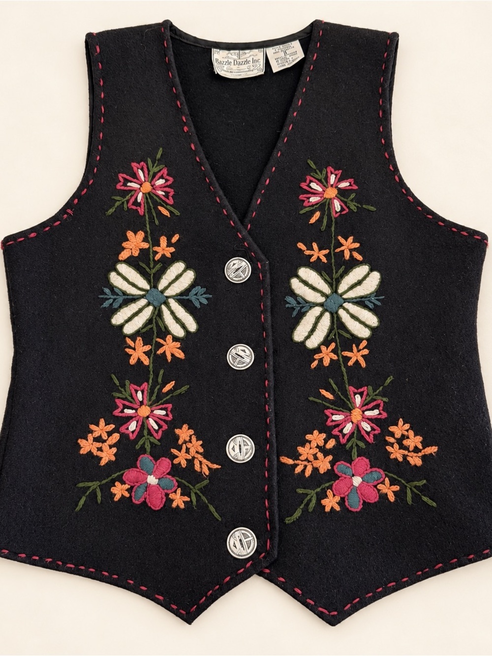 Razzle Dazzle Floral Embroidered Wool Blend Vest – Medium Boho Folk